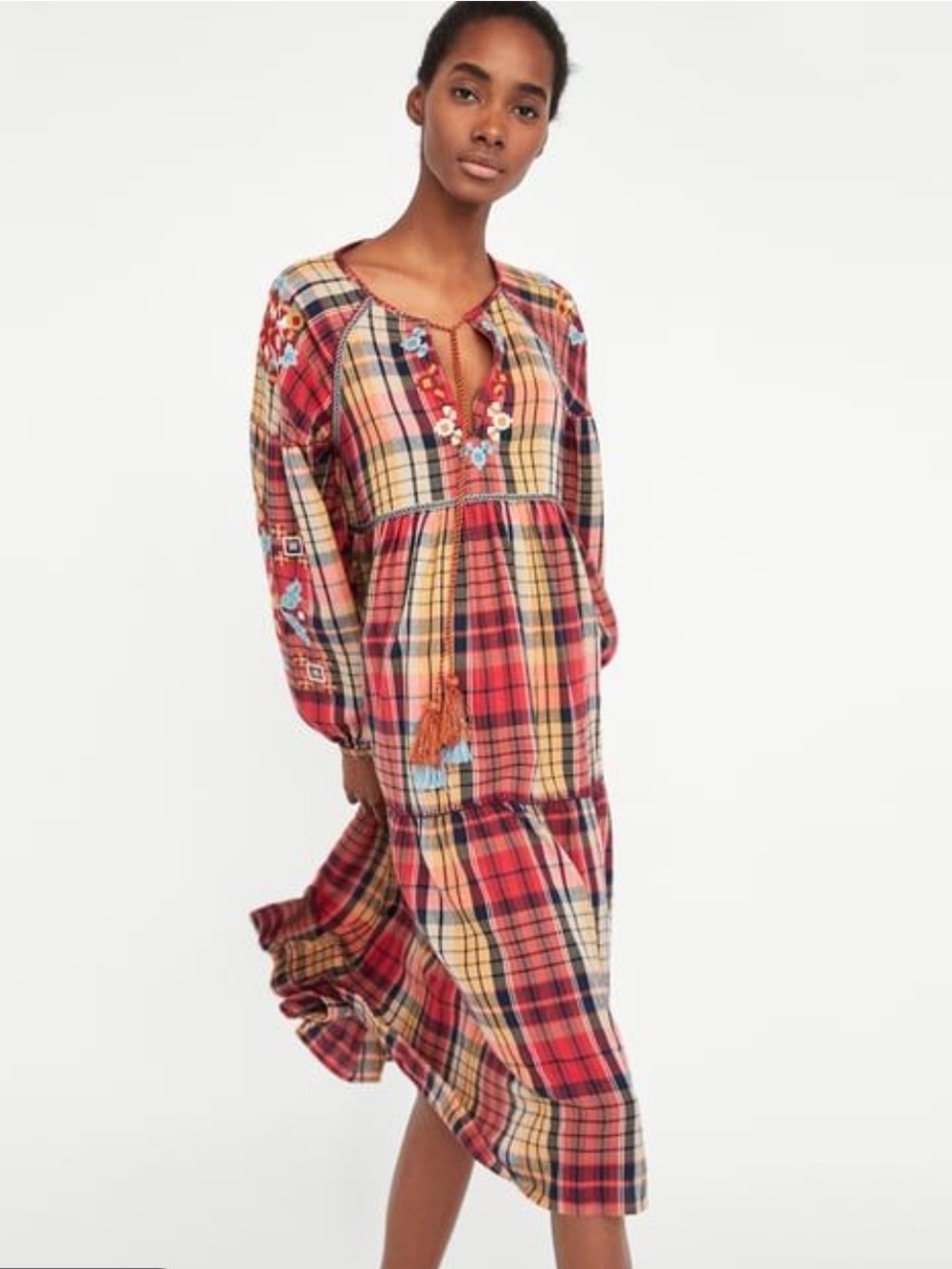 Zara patchwork plaid embroidered midi dress Medium